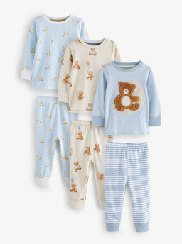 Blue/Ecru Baby Bear Snuggle Pyjamas 3 Pack | Next