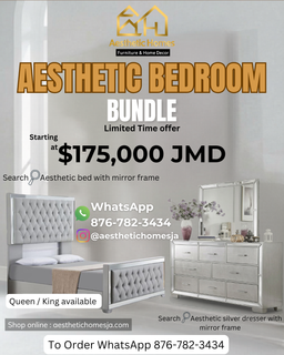 Aesthetic Bedroom Bundle Silver Bed frame + Dresser 