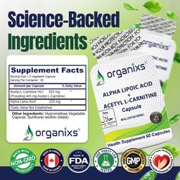 [CND] Organixs Alpha Lipoic Acid 225mg + Acetyl L-Carnitine 525mg (ALCAR) Brain Health Supplement | Halal | Plant-Based | 60 Capsules