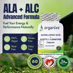[CND] Organixs Alpha Lipoic Acid 225mg + Acetyl L-Carnitine 525mg (ALCAR) Brain Health Supplement | Halal | Plant-Based | 60 Capsules