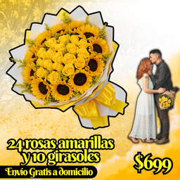 24 rosas amarillas y 10 girasoles