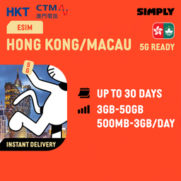 SIMPLY Hongkong + Macau eSIM | Up to 30 Days - Daily 500MB-3GB + Unlimited Data