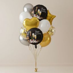 Happy Anniversary Balloon Decoration Kit - 8 Piece Golden Silver White with Images on Balloon Bouquet with Sequin, Round Foil & Printed Anniversary Balloons