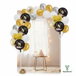 Happy Anniversary Balloon Decoration Kit - 8 Piece Golden Silver White with Images on Balloon Bouquet with Sequin, Round Foil & Printed Anniversary Balloons