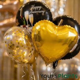 Happy Anniversary Balloon Decoration Kit - 8 Piece Golden Silver White with Images on Balloon Bouquet with Sequin, Round Foil & Printed Anniversary Balloons