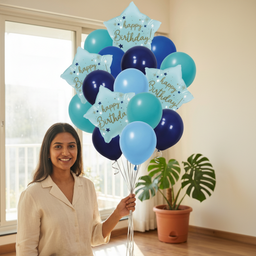 Happy Birthday Balloon Decoration 16pcs Kit - 4pcs 18" Star Foil Balloons & 12pcs 12" Blue & Teal Latex Balloons - Premium Helium/Air Grade Party Bouquet