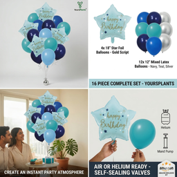 Happy Birthday Balloon Decoration 16pcs Kit - 4pcs 18" Star Foil Balloons & 12pcs 12" Blue & Teal Latex Balloons - Premium Helium/Air Grade Party Bouquet