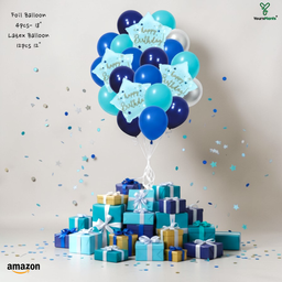 Happy Birthday Balloon Decoration 16pcs Kit - 4pcs 18" Star Foil Balloons & 12pcs 12" Blue & Teal Latex Balloons - Premium Helium/Air Grade Party Bouquet