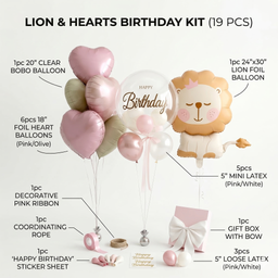 Birthday Decoration Kit - 19pcs Set with 30" Giant Lion Foil Balloon, 20" Bobo Balloon &18" Pastel Heart Balloons - Complete DIY Birthday Decor for Kids, Boys & Girls