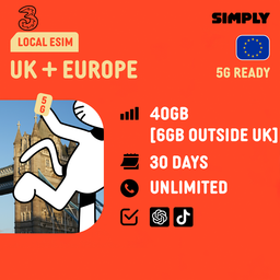 SIMPLY UK + Europe (3UK) Local eSIM | 30 Days - 40GB/100GB/200GB/Unlimited + UK Calls/SMS Up to 3000 Mins