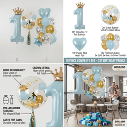 Luxury Blue & Gold First Birthday Balloon Set for Boys - 25pc Prince Theme