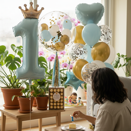 Luxury Blue & Gold First Birthday Balloon Set for Boys - 25pc Prince Theme