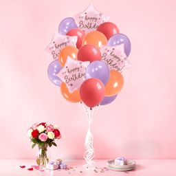 Happy Birthday Balloon Bouquet Peach Set - 4 Premium 18" Star Foil Balloons & 12 Durable Latex Balloons (Red, Orange, Violet) - Professional Party Decoration Kit for Kids & Adults 16pcs 