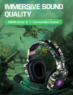 Fone de ouvido gamer FH Onikuma K8 com microfone, luzes de LED, som surround 7.1 com redução de ruído para PS4, PS5, Xbox One e PC - Verde Camuflado