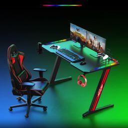 Mesa Gamer em Formato de Z com Suporte para Copos e Gancho para Fones de Ouvido, Mesa Ergonômica para Computador/Escritório Doméstico, Mesa Gamer Moderna com Iluminação LED RGB (140x60x73cm)