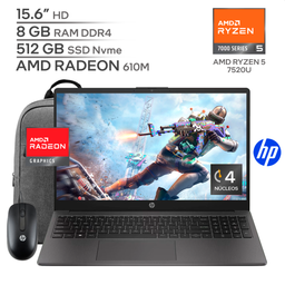 HP 255 G10 / AMD RYZEN 5 7520U / RAM 8 GB DDR5 / SSD 512 GB Nvme / 15.6" HD / Incluye Mochila HP Y Mouse HP