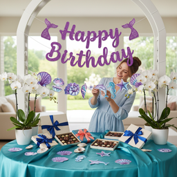 Happy Birthday Backdrop–Purple Glitter Mermaid Tails, Seahorse, & Seashell Cutouts