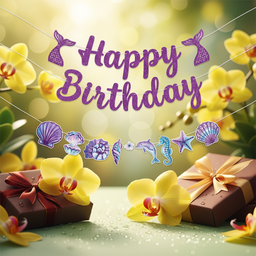 Happy Birthday Backdrop–Purple Glitter Mermaid Tails, Seahorse, & Seashell Cutouts