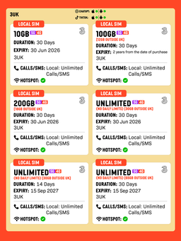 SIMPLY UK + Europe (3UK) Local SIM | 30 Days - 10GB/100GB/200GB/Unlimited + UK Calls/SMS Up to 3000 Mins