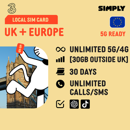 SIMPLY UK + Europe (3UK) Local SIM | 30 Days - 10GB/100GB/200GB/Unlimited + UK Calls/SMS Up to 3000 Mins