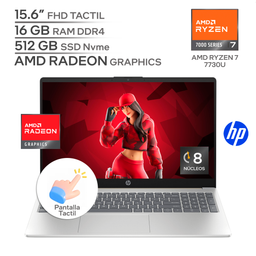 HP 15 FC0057WM / AMD RYZEN 7 7730U / RAM 16 GB DDR4 / SSD 512 GB Nvme / 15.6" FHD TACTIL / WINDOWS 11