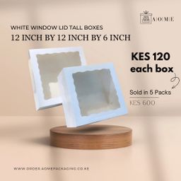 12inch by 12inch by 6inch Kraft White Window Lid Cake Boxes - 5 Pack 