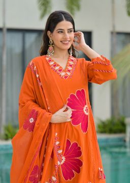 Orange Pure Cotton Kurta Set with Bold Applique Work 