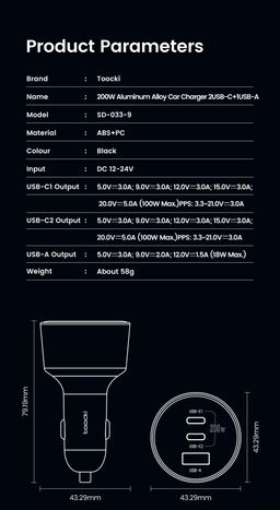 Toocki 200W Max Car Charger 3 Ports 2USB-C 1USB-A with LED Display