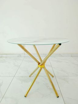 Table à manger ronde en verre transparent – Design moderne avec pied doré 