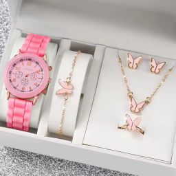 Nouvelle Mode Prix Bas Montre Décontractée à Quartz pour Femmes Ensemble Cadeau Bijoux Bracelet 5 Pièces pour Femmes Montre-Bracelet à Bracelet en Silicone Reloj