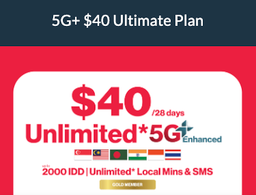 SingTel 5G+ $40 Unlimited SG-MY-ID-HK-TH Data Ultimate 30-Day Plan