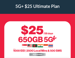 SingTel $25 650GB SG-MY-ID-HK-TH Data Ultimate 30-Day Plan