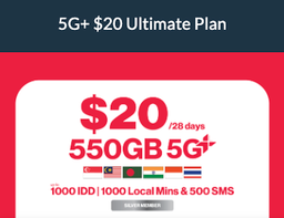 SingTel 5G+ $20 550GB SG-MY-ID-HK-TH Data Ultimate 30-Day Plan