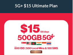 SingTel 5G+ $15 500GB SG-MY-ID-HK-TH Data Ultimate 30-Day Plan