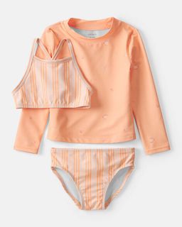 Toddler Girl 3-Piece Striped Rashguard Swimsuit Set - Orange