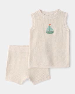 Baby 2-Piece Sailboat Crochet Top & Short Set - Cream