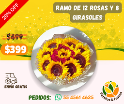 Ramo de 12 rosas y 8 girasoles