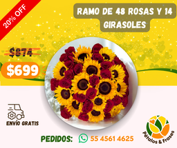 Ramo de 48 rosas y 14 girasoles