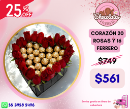 CORAZÓN 20 ROSAS Y 16 FERRERO