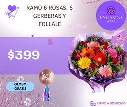 RAMO 6 ROSAS, 6 GERBERAS Y FOLLAJE