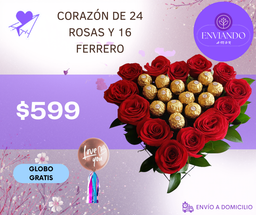 CORAZÓN DE 24 ROSAS Y 16 FERRERO