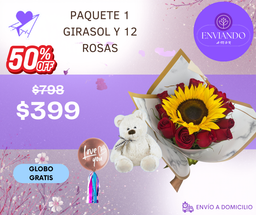 PAQUETE 1 GIRASOL Y 12 ROSAS