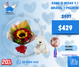 ramo 12 rosas y 1 girasol + PELUCHE