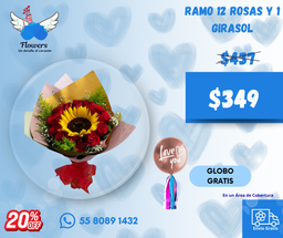 ramo 12 rosas y 1 girasol