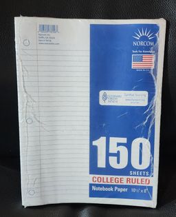 150 college ruled notebook paper 10 1/2" ×8"