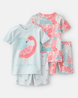 Toddler Girl Flamingo 100% Cotton Short-Sleeve Snug Fit 4-Piece PJ Set