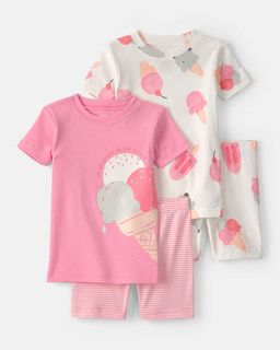 Toddler Girl Ice Cream 100% Cotton Short-Sleeve Snug Fit 4-Piece PJ Set