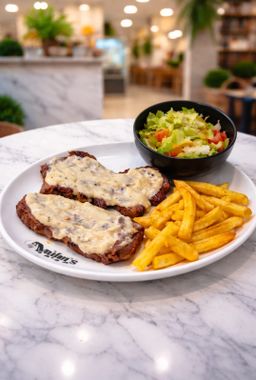 Steak with pepper sauce with fries and salad (N)