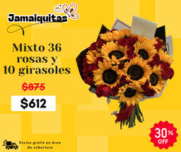 Mixto 36 rosas y 10 girasoles