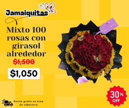 Mixto 100 rosas con girasol alrededor